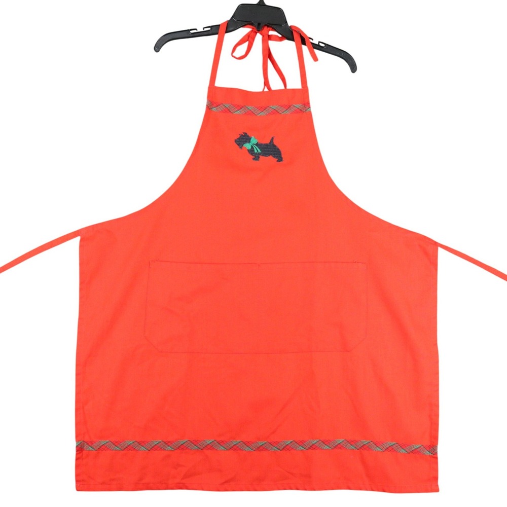 Dotty Smith Scottie Dog Apron Womens Embroidered Plaid Trim Front Pocket Kitchen